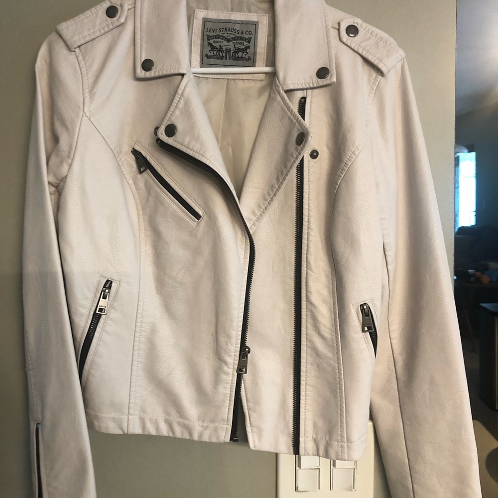 Levi's White Leather Moto Jacket Asymmetrical Zipper